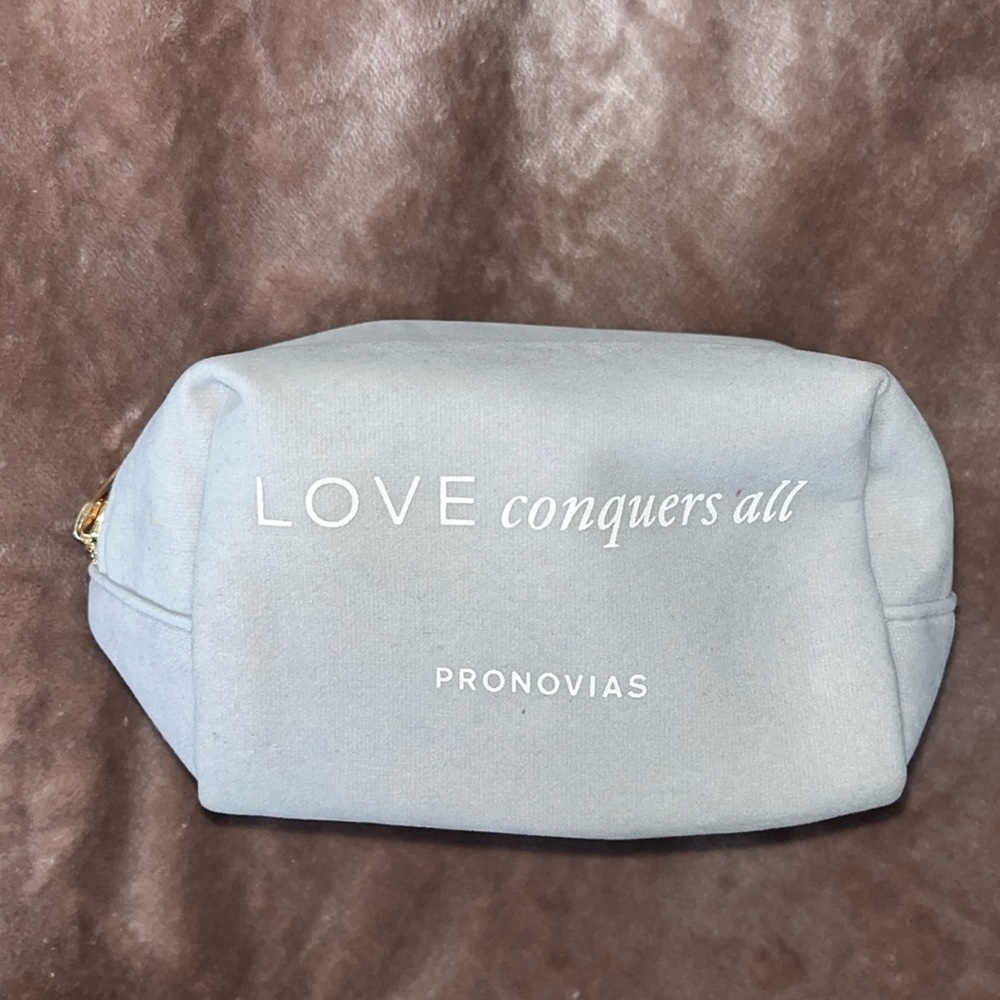 Pronovias “LOVE conquers all” Travel Size Light Grey Velvet Bag Gold Zipper